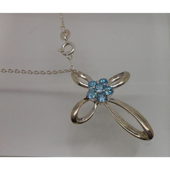 Vintage Sterling Silver Blue Topaz Flower Slide Cross Pendant Necklace Chain - Picture 9 of 10